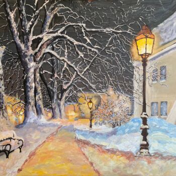 Malarstwo zatytułowany „Street lights” autorstwa Yulia Gavarini, Oryginalna praca, Olej Zamontowany na Drewniana rama noszy
