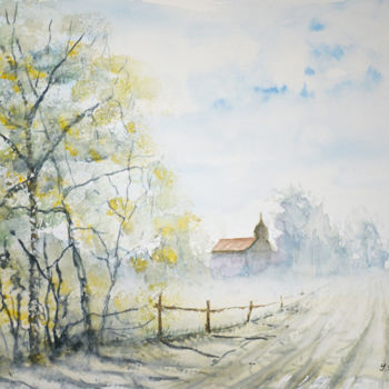 Painting titled "Rural landscape" by Yulia Schuster, Original Artwork, Watercolor