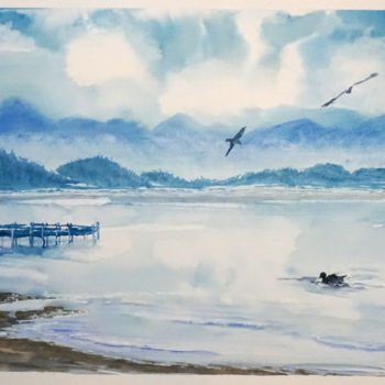 Painting titled "Morning in blue" by Yulia Schuster, Original Artwork, Watercolor