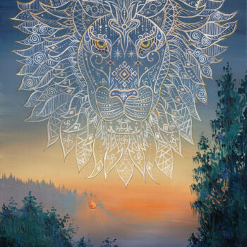 Painting titled "Lion from srars "To…" by Yulia Leya, Original Artwork, Oil Mounted on Wood Stretcher frame