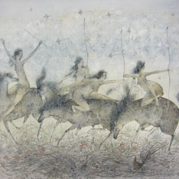 Painting titled "Amazons." by Yulia Luchkina, Original Artwork, Tempera