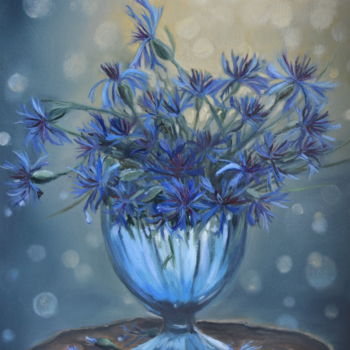 Картина под названием "Cornflowers under r…" - Yulia Sheverova, Подлинное произведение искусства, Масло