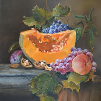 Painting titled "Still life with pum…" by Yulia Sheverova, Original Artwork, Oil Mounted on Wood Stretcher frame