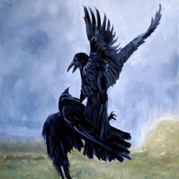 Peinture intitulée "Crow, battle raven" par Yulia Nikulina, Œuvre d'art originale, Huile Monté sur Châssis en bois
