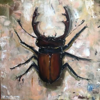 绘画 标题为“Beetle deer” 由Yulia Nikulina, 原创艺术品, 油 安装在木质担架架上