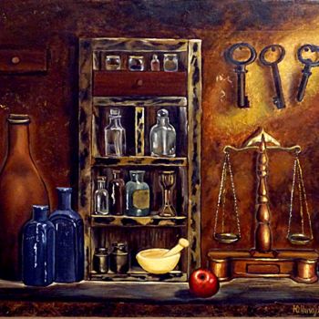 Картина под названием "Bottles, Pharmacist…" - Yulia Nikulina, Подлинное произведение искусства, Масло Установлен на Деревян…