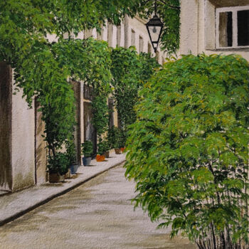 Painting titled "Green street" by Yuliia Khazova, Original Artwork, Acrylic