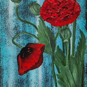 Картина под названием "Red flowers" - Yuliia Khazova, Подлинное произведение искусства, Акрил