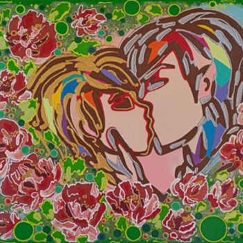Tekening getiteld "Blossom love" door Yuliia Kolomiiets, Origineel Kunstwerk, Acryl Gemonteerd op Frame voor houten brancard