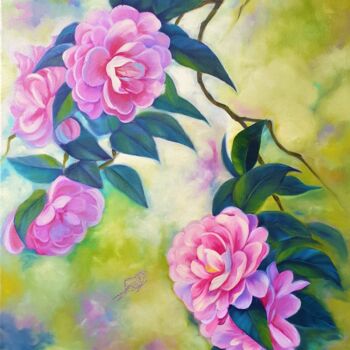 Painting titled "Blossom Camellia Pa…" by Yuliya Illarionova, Original Artwork, Oil Mounted on Wood Stretcher frame