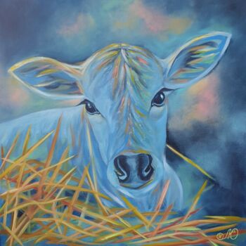 Painting titled "Cow Painting Animal…" by Yuliya Illarionova, Original Artwork, Oil Mounted on Wood Stretcher frame