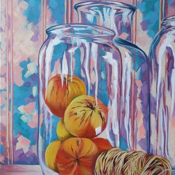 Schilderij getiteld "Apple Painting Jar…" door Yuliya Illarionova, Origineel Kunstwerk, Olie Gemonteerd op Frame voor houten…