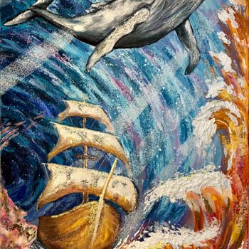 Malarstwo zatytułowany „"Whale showing the…” autorstwa Yuliia Kiselova, Oryginalna praca, Akryl Zamontowany na Drewniana ram…