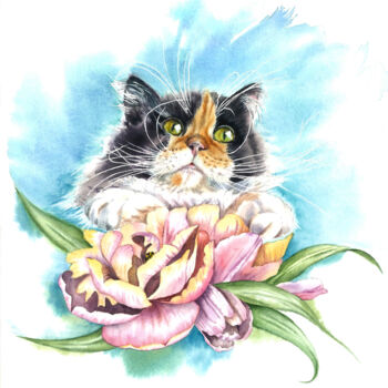 Painting titled "Portrait of calico…" by Yuliya Ozdemir, Original Artwork, Watercolor