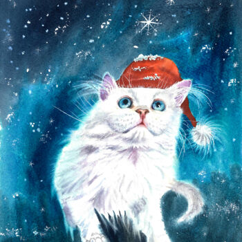 Картина под названием "White kitten in the…" - Yuliya Ozdemir, Подлинное произведение искусства, Акварель