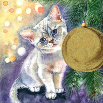 Painting titled "Gray kitten under t…" by Yuliya Ozdemir, Original Artwork, Watercolor