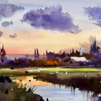 Malerei mit dem Titel "Sunset fields" von Yuliya Ozdemir, Original-Kunstwerk, Aquarell