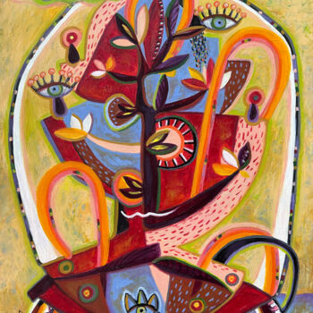 Pintura intitulada "Smiling Tree." por Yuliya Pochynok (JJ Julia), Obras de arte originais, Óleo Montado em Armação em madei…