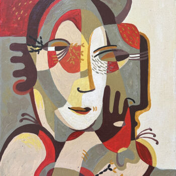 Painting titled "Lola with a Mask." by Yuliya Pochynok (JJ Julia), Original Artwork, Tempera Mounted on Wood Stretcher frame