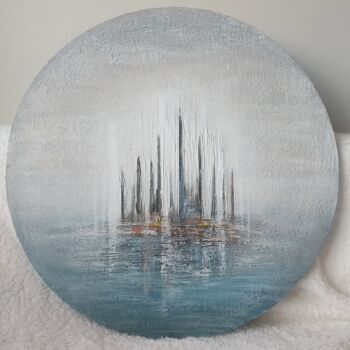 Schilderij getiteld "Sailboats" door Yuliya Zhuk, Origineel Kunstwerk, Acryl Gemonteerd op Frame voor houten brancard