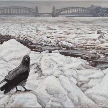 Painting titled "Winter. Crow. Bridg…" by Yuma Talan, Original Artwork, Acrylic Mounted on Wood Stretcher frame
