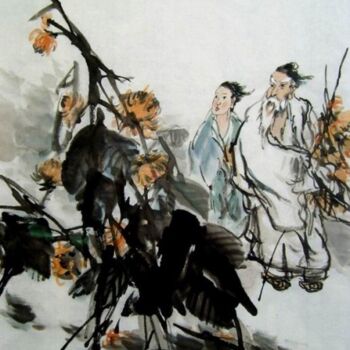 Painting titled "国画作品：采菊东篱下，悠然见南山" by Yun Yang Wang, Original Artwork, Oil