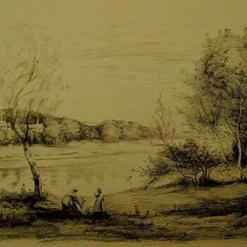 绘画 标题为“钢笔画：湖边春色” 由云阳 王, 原创艺术品, 油