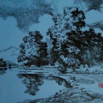Malerei mit dem Titel "钢笔画：月下湖边" von Yun Yang Wang, Original-Kunstwerk, Öl