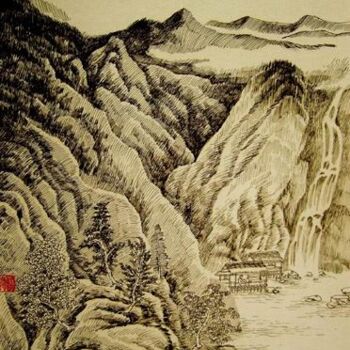 Schilderij getiteld "钢笔画：中国山水" door Yun Yang Wang, Origineel Kunstwerk, Olie