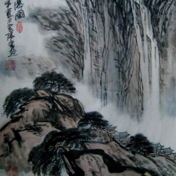 Pintura intitulada "国画山水：云壑飞瀑图" por Yun Yang Wang, Obras de arte originais, Óleo