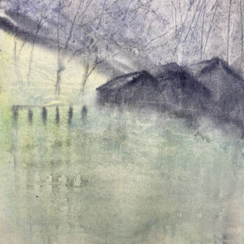 Malerei mit dem Titel "Le case sul lago" von Yūrei, Original-Kunstwerk, Aquarell
