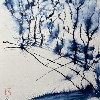 Pittura intitolato "Blu Trees Abstract" da Yūrei, Opera d'arte originale, Acquarello