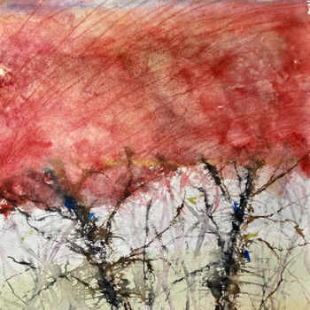 Painting titled "Red trees" by Yūrei, Original Artwork, Watercolor
