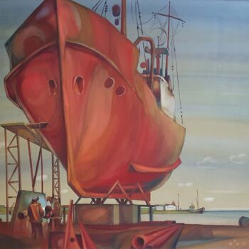 Pintura titulada "The Red Ship" por Yuri  And  Irina Gretsky, Obra de arte original, Acuarela