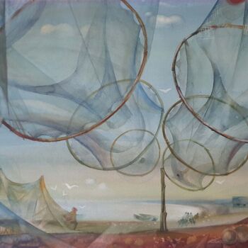 Pintura titulada "Fishermen's Shore" por Yuri  And  Irina Gretsky, Obra de arte original, Acuarela