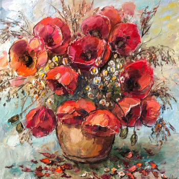 Painting titled "poppies bouquet" by Yuri Kovachev, Original Artwork, Oil Mounted on Wood Stretcher frame