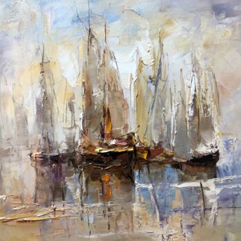 Painting titled "Boats" by Yuri Kovachev, Original Artwork, Oil Mounted on Wood Stretcher frame