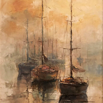 Painting titled "the three boats" by Yuri Kovachev, Original Artwork, Oil Mounted on Wood Stretcher frame