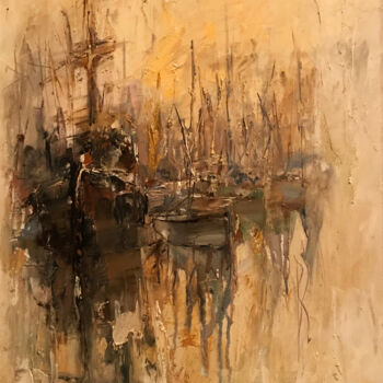 Painting titled "ghost boats" by Yuri Kovachev, Original Artwork, Oil Mounted on Wood Stretcher frame