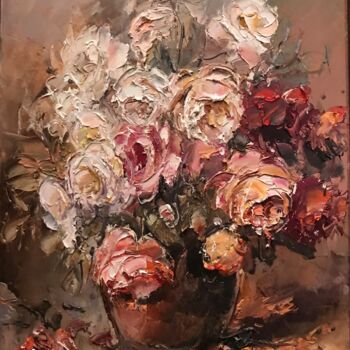 Painting titled "white roses" by Yuri Kovachev, Original Artwork, Oil Mounted on Wood Stretcher frame