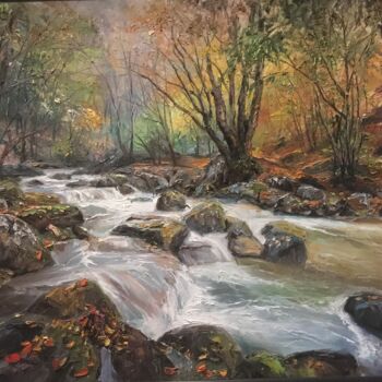 Painting titled "mountain river" by Yuri Kovachev, Original Artwork, Oil Mounted on Wood Stretcher frame