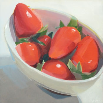 Painting titled "Six Strawberries in…" by Yuri Tayshete, Original Artwork, Oil Mounted on Wood Stretcher frame