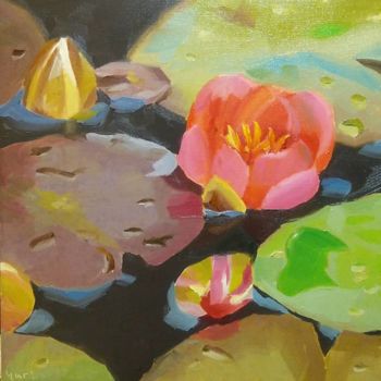 Painting titled "Water Lilies" by Yuri Tayshete, Original Artwork, Oil Mounted on Wood Stretcher frame