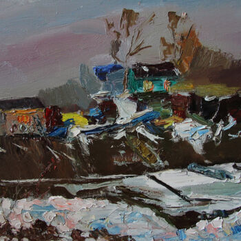 Painting titled "Boat station" by Yuriy Karnaukhov (Gyuriykar8), Original Artwork, Oil Mounted on Wood Stretcher frame