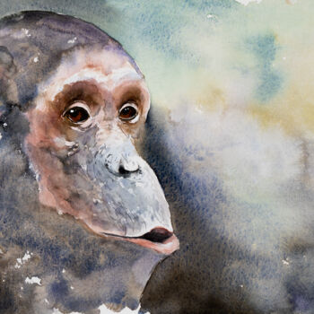 Schilderij getiteld "***	Chimpanzees eye…" door Yuriy Kraft, Origineel Kunstwerk, Aquarel