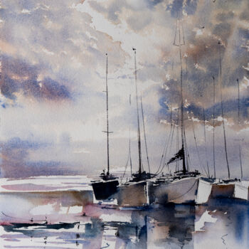 Peinture intitulée "***SAILBOATS II***" par Yuriy Kraft, Œuvre d'art originale, Aquarelle