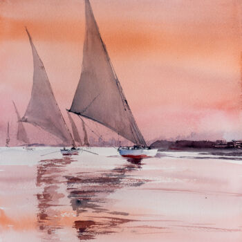 Painting titled "***Sailing, Egypt***" by Yuriy Kraft, Original Artwork, Watercolor