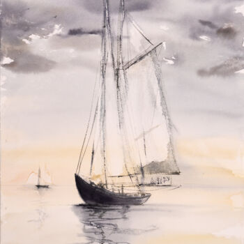 Painting titled "***Sailing III***" by Yuriy Kraft, Original Artwork, Watercolor