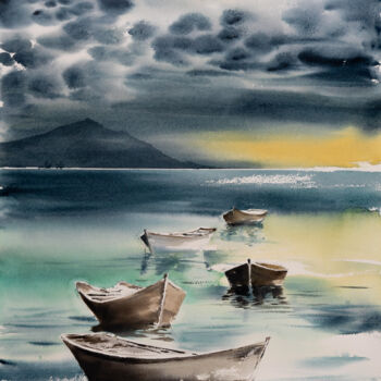Pittura intitolato "***Boats II***" da Yuriy Kraft, Opera d'arte originale, Acquarello