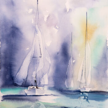 Pintura intitulada "***Sailing XV***" por Yuriy Kraft, Obras de arte originais, Aquarela